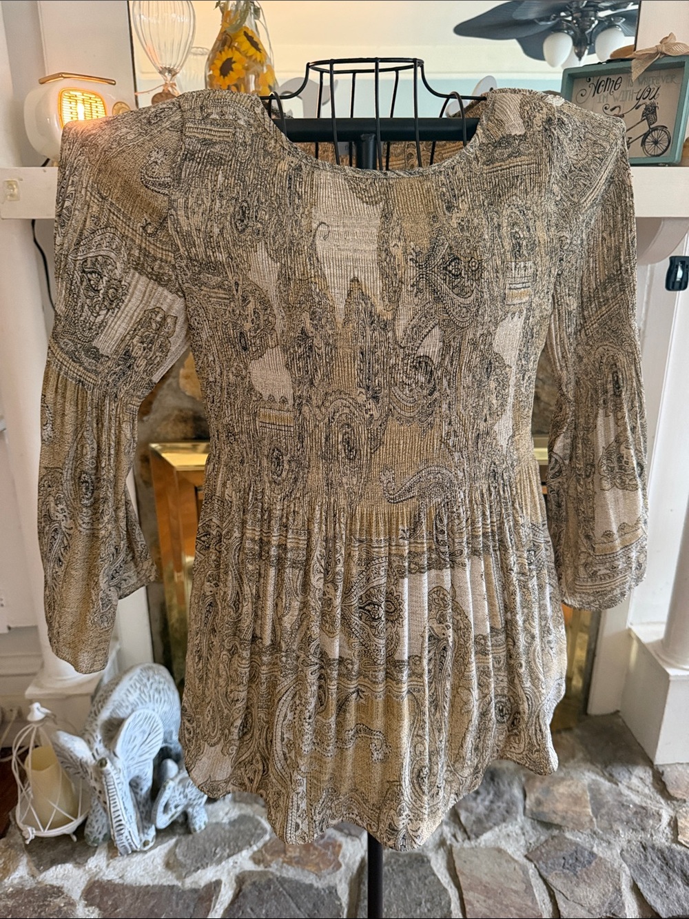 Beige Paisley Smocked Tunic Top